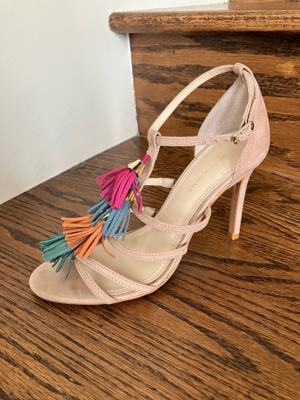 ⭐️Saks Fifth Avenue Beige Strappy High Heel Sandal with Tassels⭐️